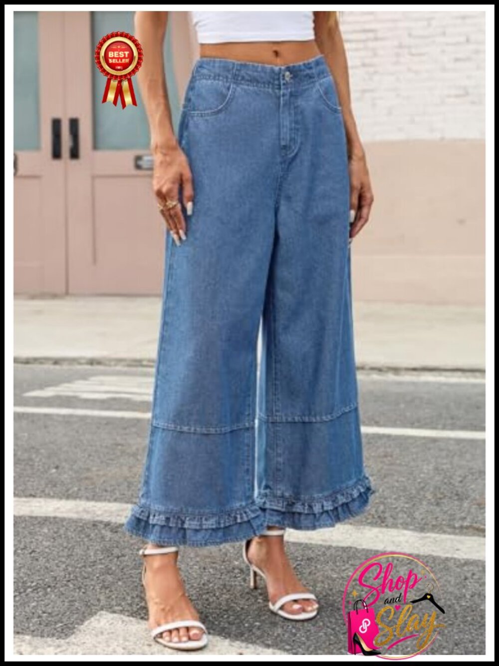 Wide Leg Ruffle Hem Jeans 100% Cotton Cropped Denim Pants